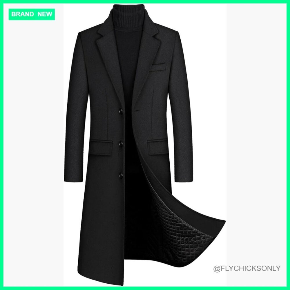 Men's Wool Blend Trench Coat Pea Coat Single Breasted Lined Overcoat